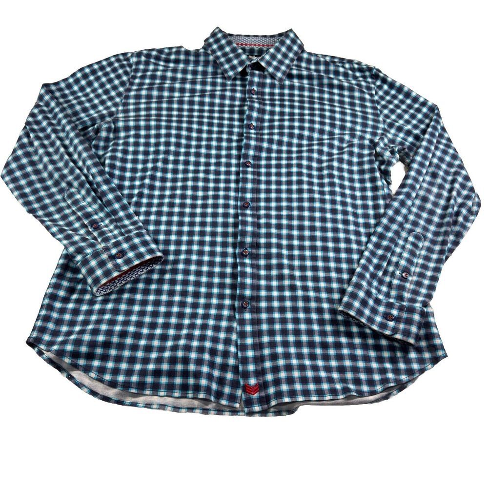 Butter Cloth Shirt Mens Blue Teal Plaid Flip Cuff Button‎ Up XXL Flannel